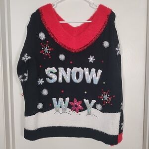 Ugly Christmas Sweater Women's L (12-14) Black Red Snow Way Sequins Rhinestones